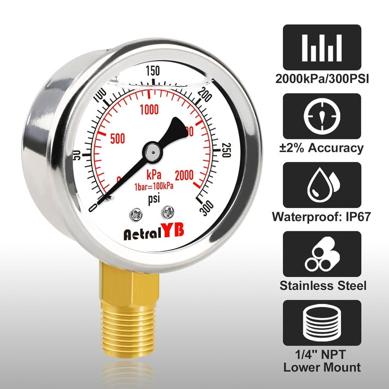 AetralYB مقياس ضغط ثقيل 0-300 PSI، 2 إنش، مملوء بالجليسرين، من الفولاذ المقاوم للصدأ، تركيب سفلي 1/4" NPT، مقاوم للصدمات، مقياس ضغط مقاوم للماء لأنظمة الزيت، مضخات المياه، تطبيقات HVAC - Image 2
